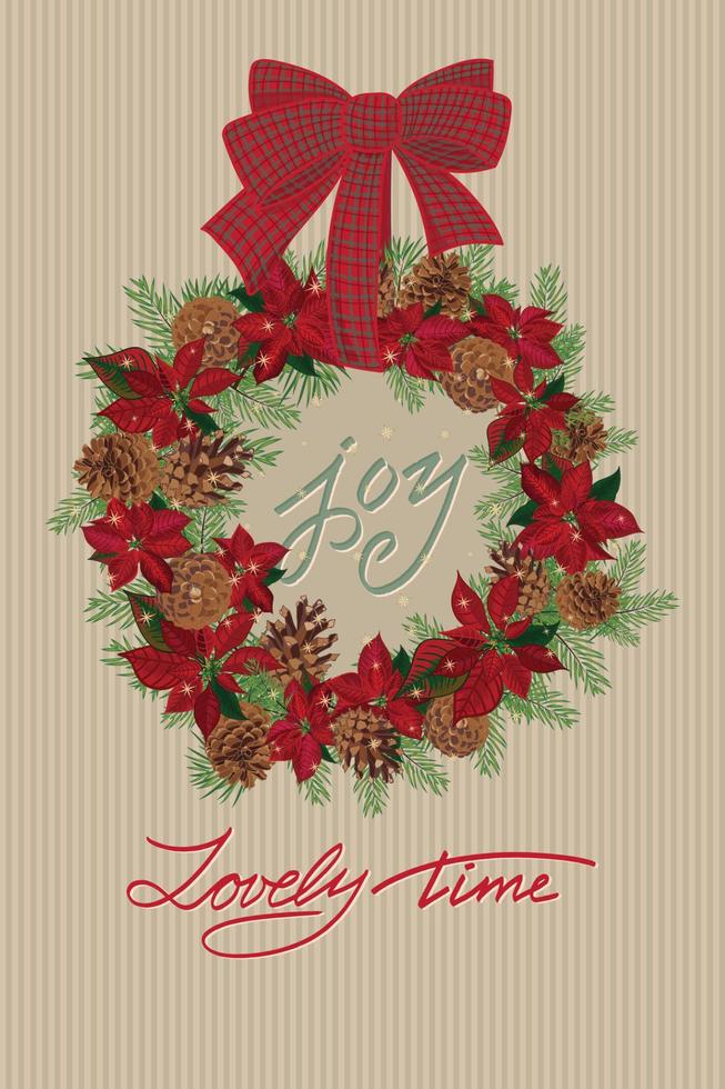 tarjeta de navidad vintage con corona de piñas y puansetia vector