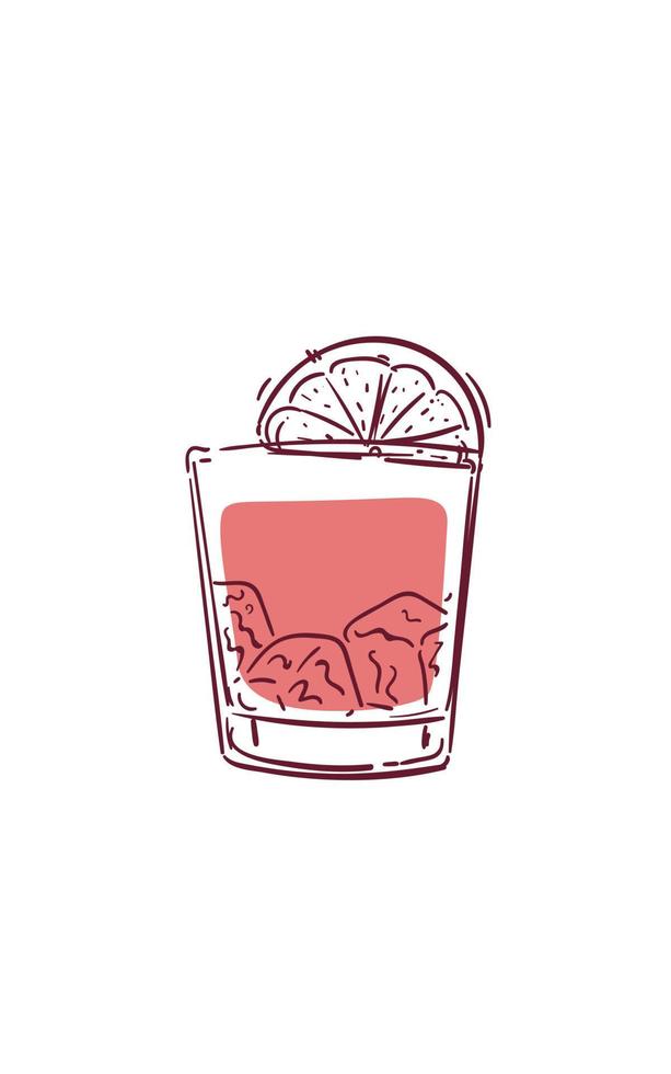 dibujo de una bebida de alcohol negroni aislada sobre fondo blanco. copa dibujada a mano de cóctel negroni. cócteles clásicos de bar clandestino. vector