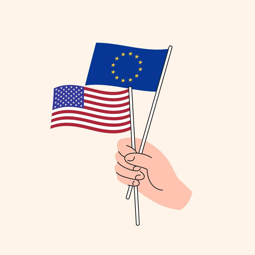 caricatura, mano, tenencia, unión europea, y, estados unidos, flags. relaciones entre la ue y nosotros. concepto de diplomacia, política y negociaciones democráticas. vector aislado de diseño plano