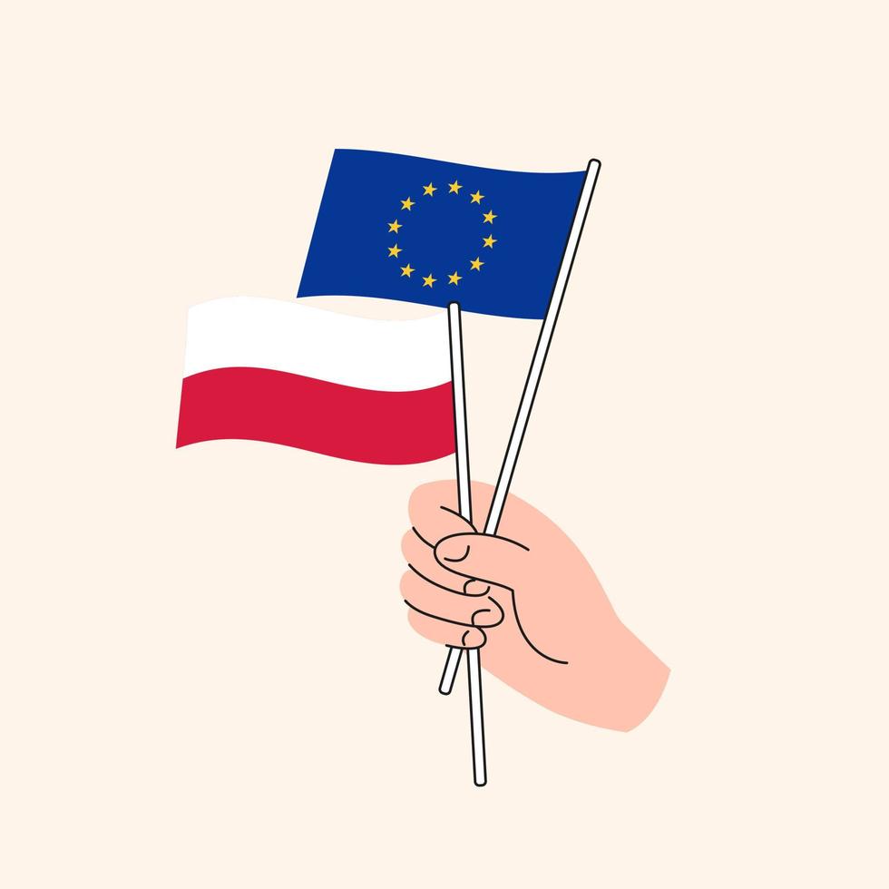 Cartoon Hand Holding European Union And Polish Flags. EU Poland Relationships. Concept of Diplomacy, Politics And Democratic Negotiations. Flat Design Isolated Vector