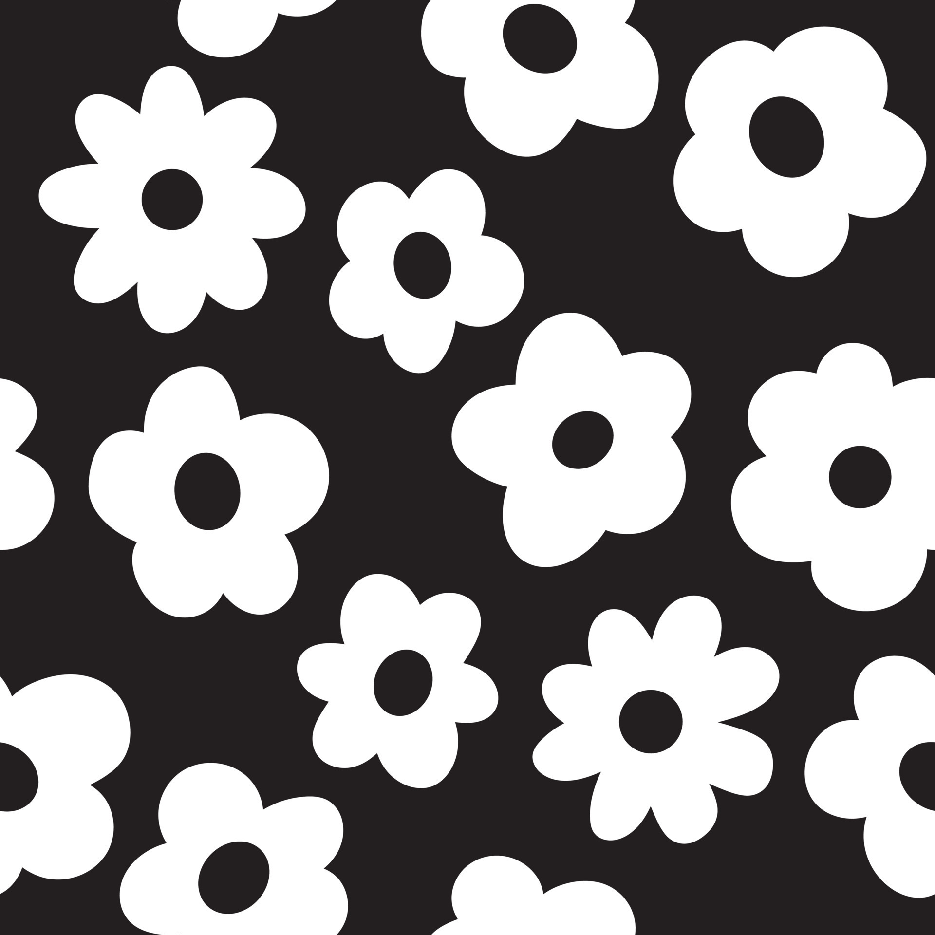 Black and White Cartoon Flowers Background, Seamless Pattern EPS