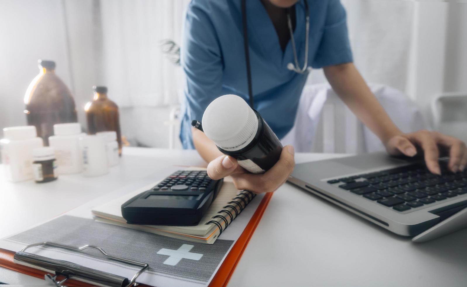 Double exposure of technology healthcare And Medicine concept. Doctors using digital tablet and modern virtual screen interface icons panoramic banner, blurred background. photo
