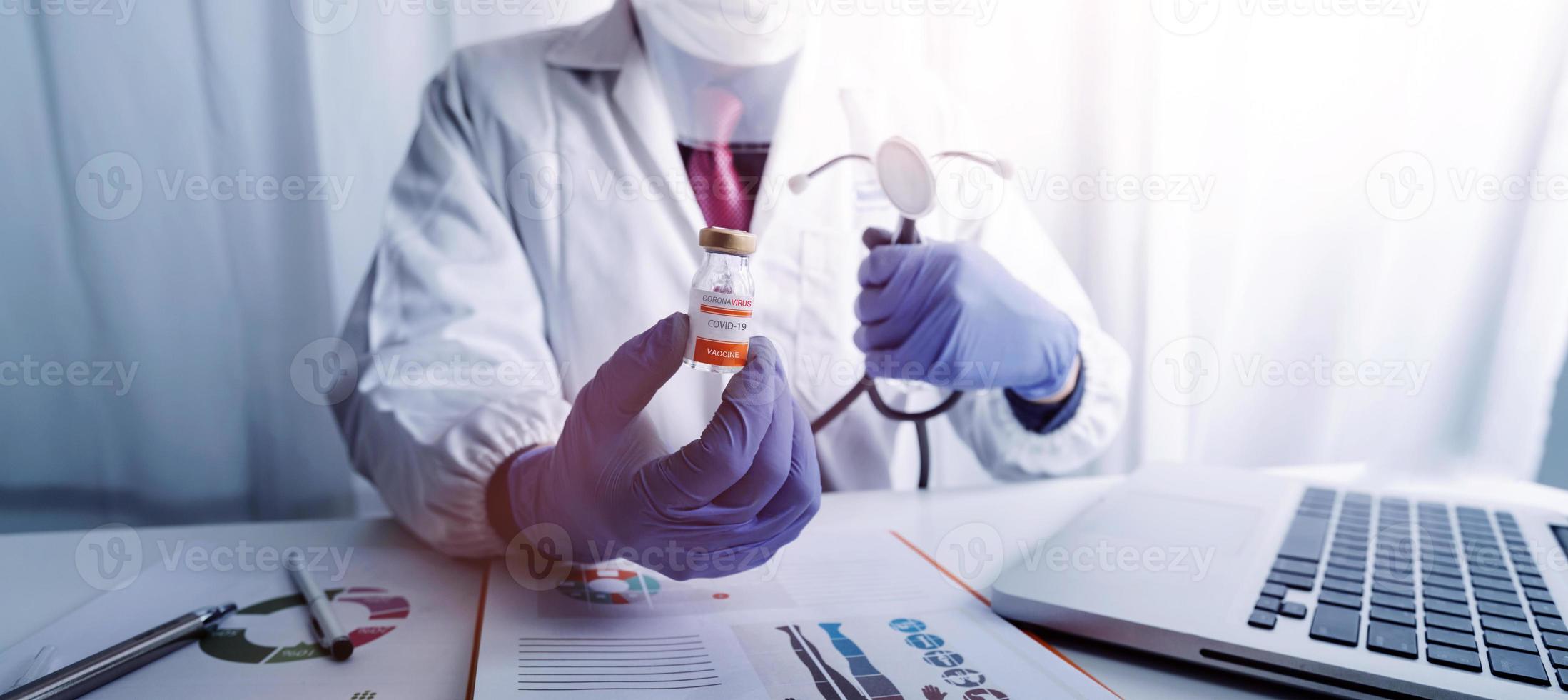 Medicine doctor and stethoscope touching icon medical network connection with modern interface on digital tablet in hospital background. Medical technology network concept photo