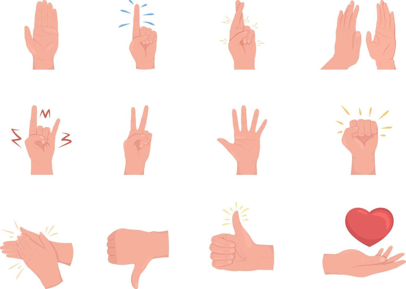 conjunto de gestos de mano de vector de color semiplano de comunicación no verbal
