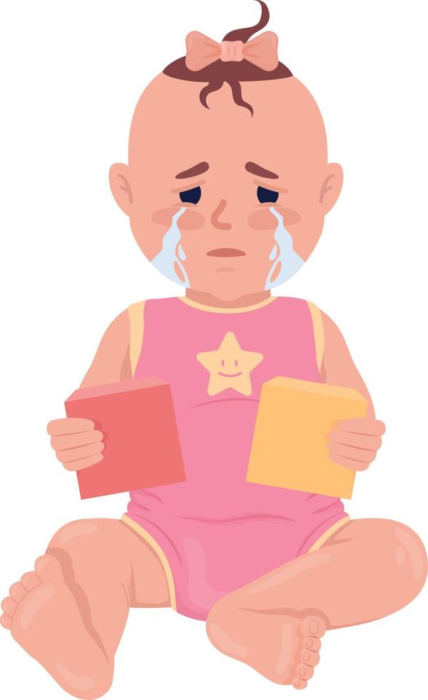 Crying baby girl with construction blocks semi flat color vector character