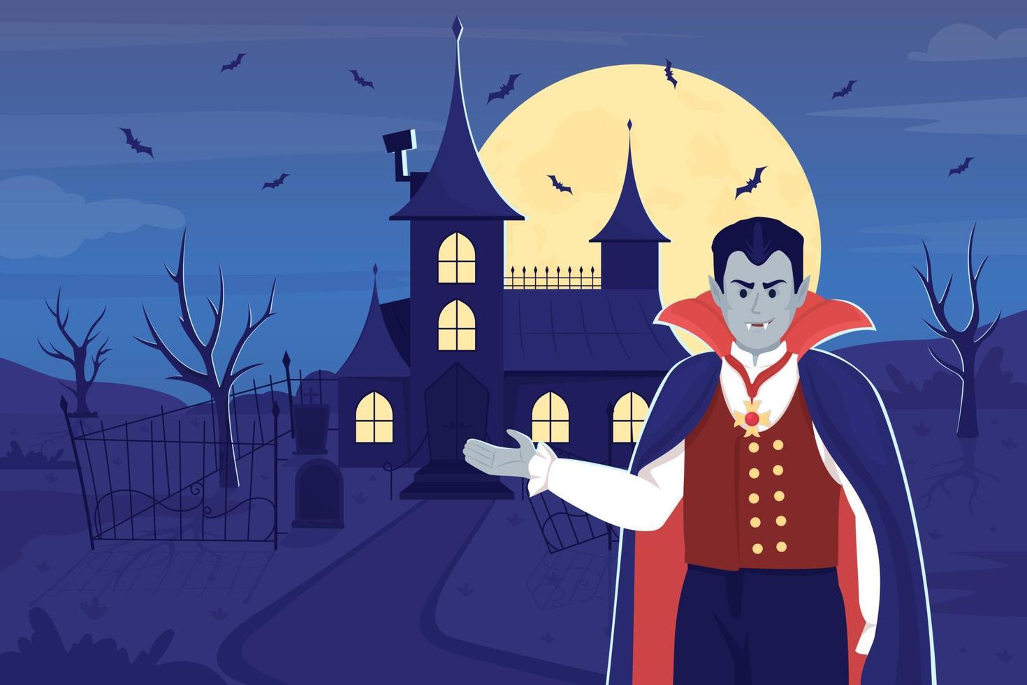 Evil vampire inviting to his house flat color vector illustration