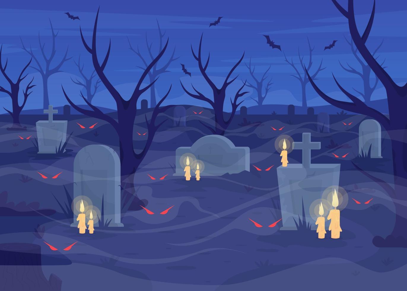 Haunted cemetery flat color vector illustration