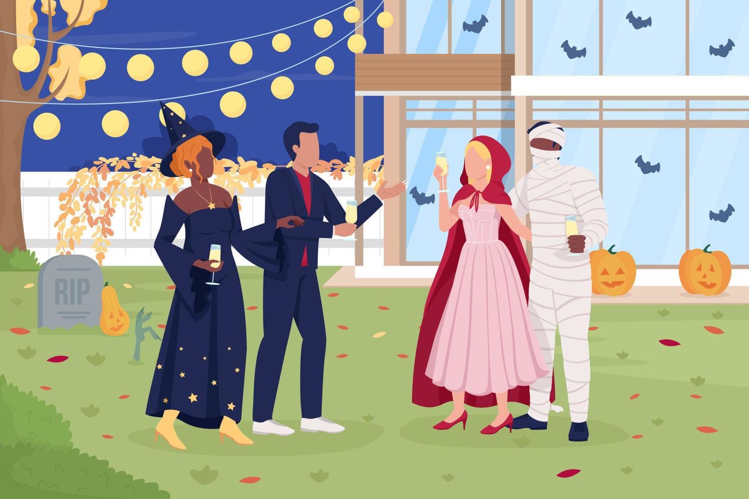 Guests wearing carnival costumes at Halloween party flat color vector illustration