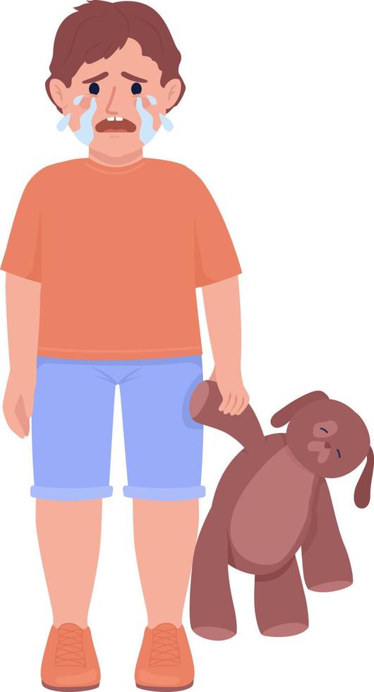 Crying little boy with toy semi flat color vector character. Editable figure. Full body person on white. Sadness simple cartoon style illustration for web graphic design and animation