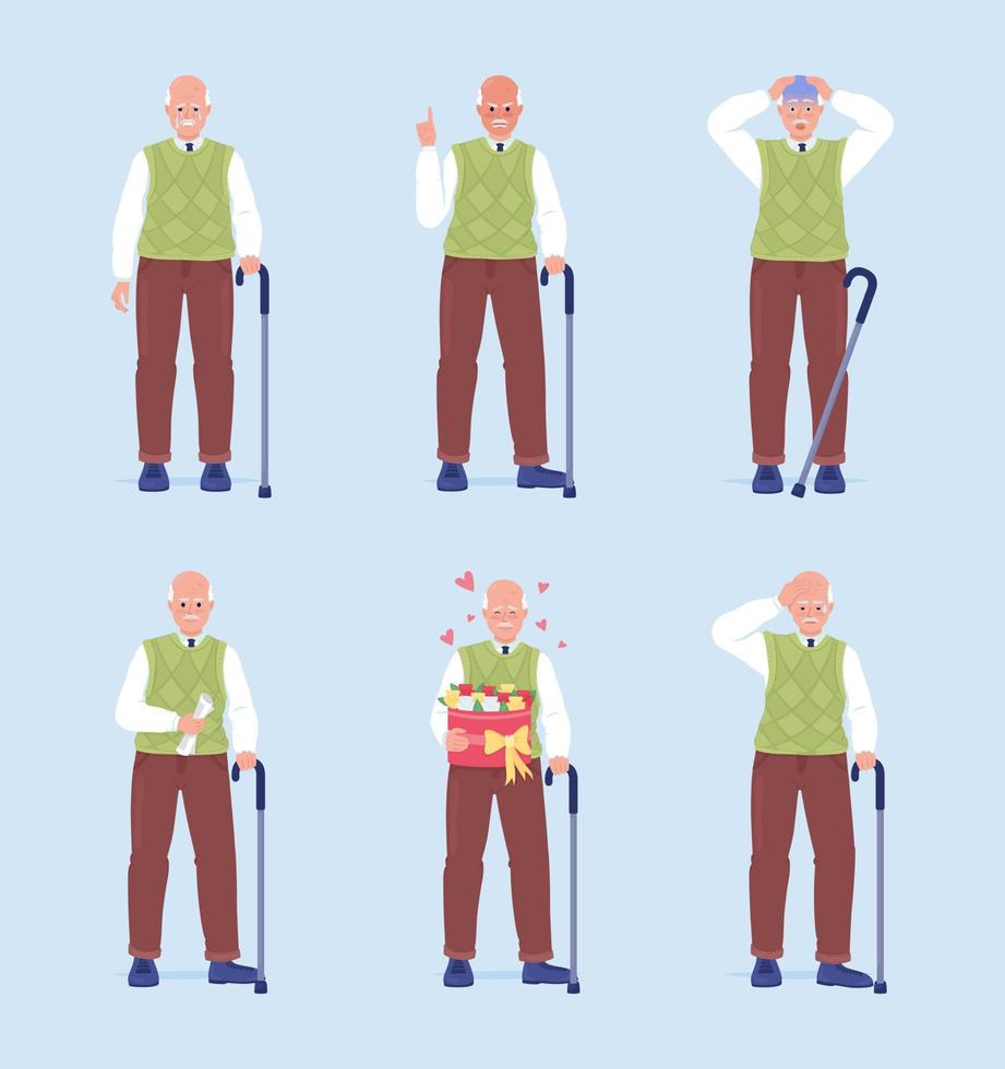 Senior men feelings expression semi flat color vector characters set. Editable figure. Full body people. Lifestyle simple cartoon style illustration for web graphic design and animation pack