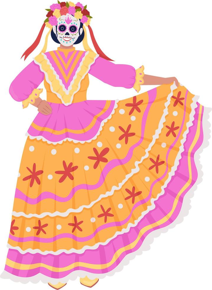 traje mexicano femenino personaje de vector de color semiplano. figura editable. personas de cuerpo completo en blanco. mascarada simple ilustración de estilo de dibujos animados para diseño gráfico web y animación