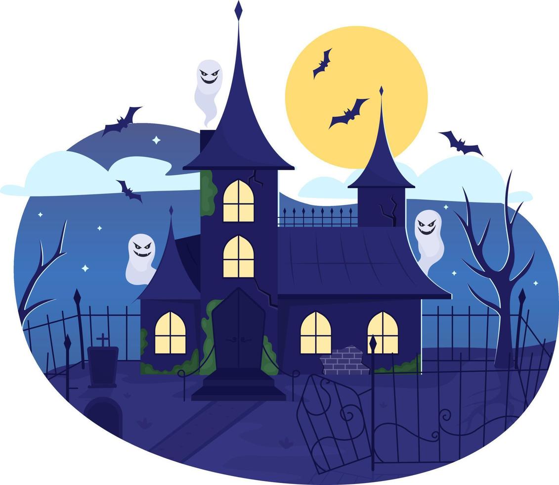 Haunted house 2D vector isolated illustration. Halloween decoration flat objects on cartoon background. Spooky holiday celebration colourful editable scene for mobile, website, presentation