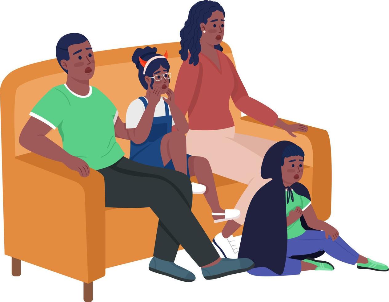 Scared family at Halloween holiday semi flat color vector characters. Editable figures. Full body people on white. Home party simple cartoon style illustration for web graphic design and animation