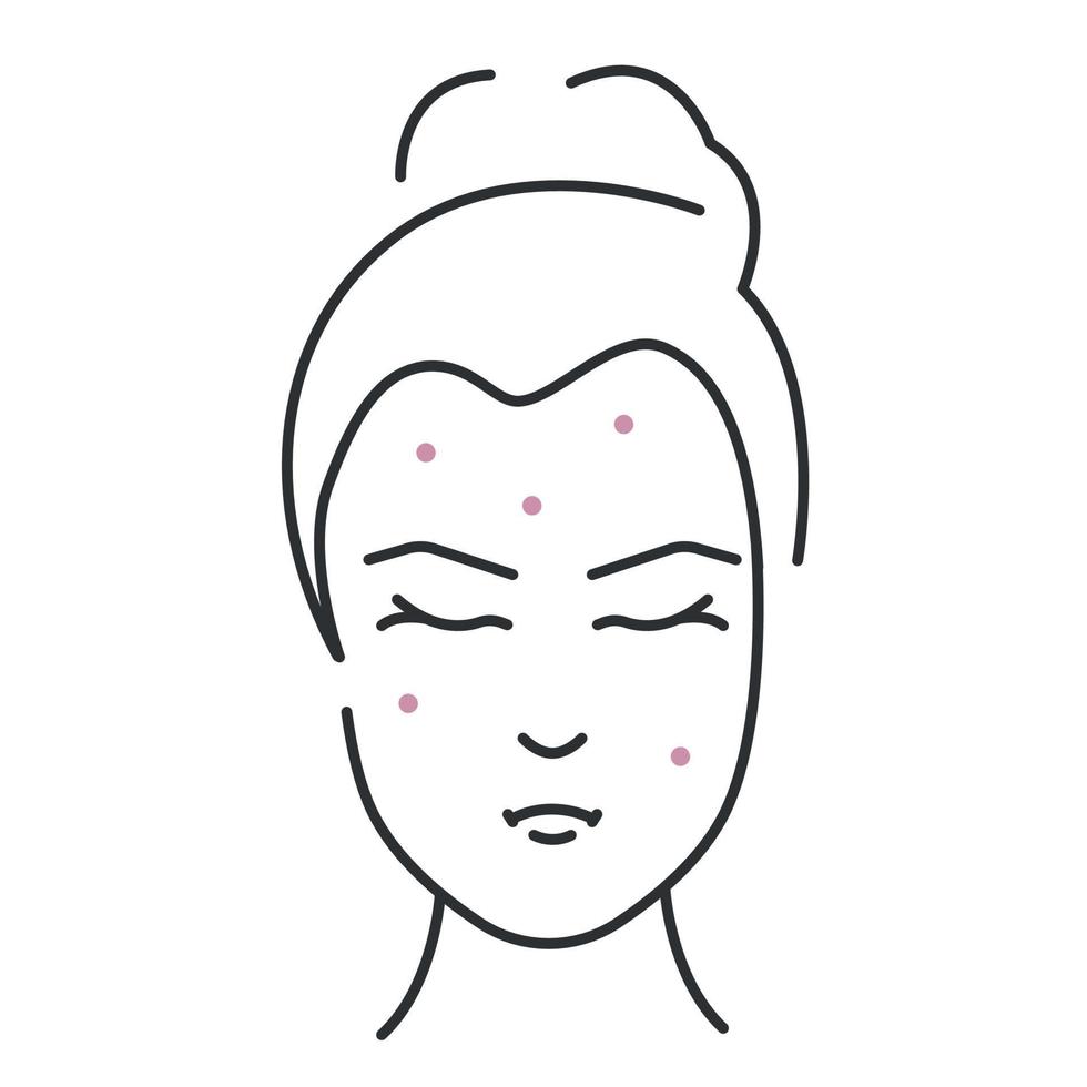 acné en la piel, concepto de dermatología. icono de línea delgada de cara de mujer. ilustración vectorial vector