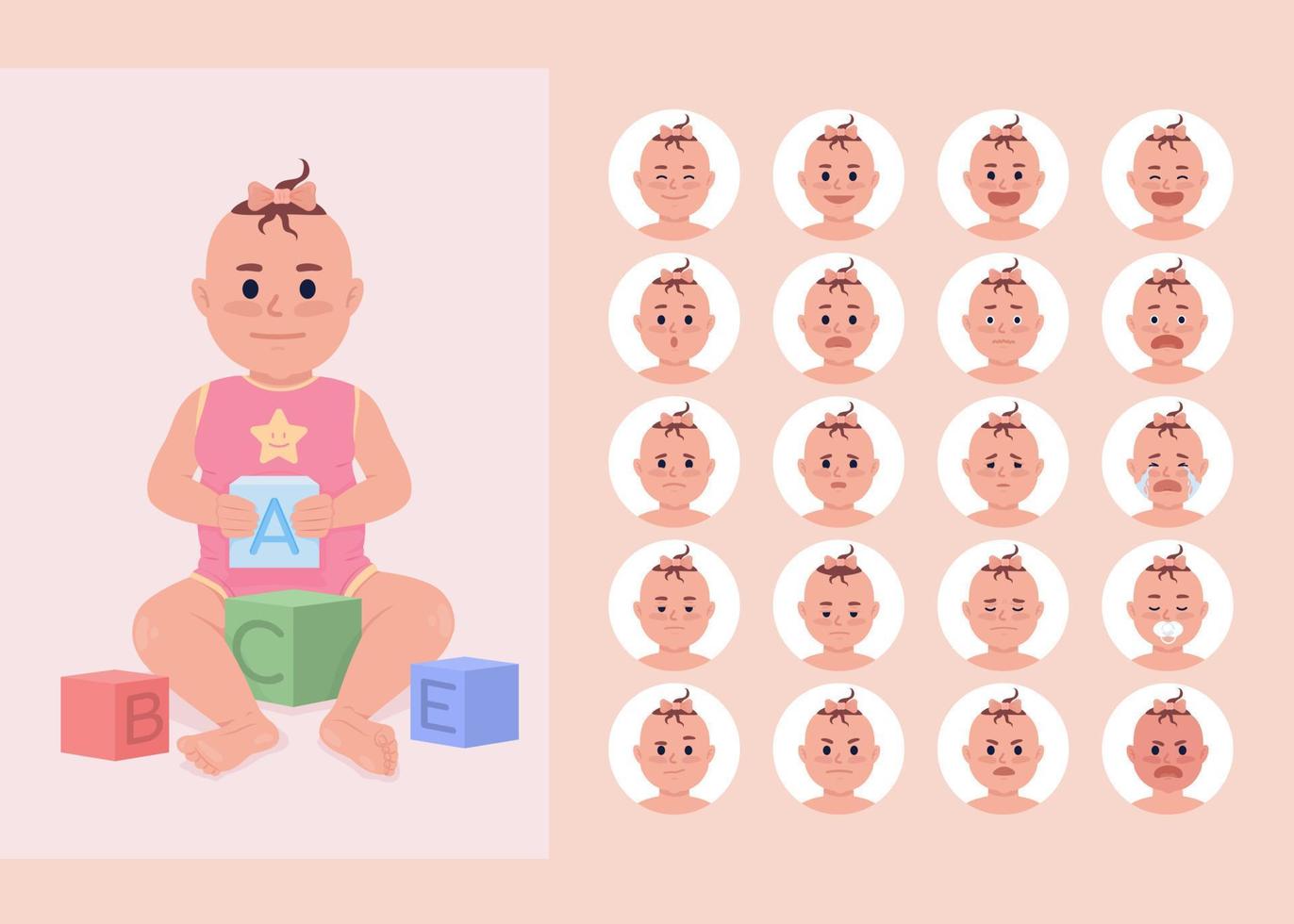condiciones emocionales de la niña bebé conjunto de emociones de carácter de color semi plano vector