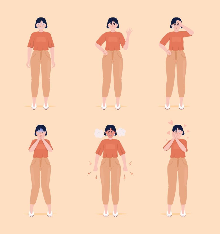 mujeres con diferentes emociones conjunto de caracteres vectoriales de color semiplano. figura editable. expresiones de personas de cuerpo completo. ilustración de estilo de dibujos animados simple para diseño gráfico web y colección de animación vector