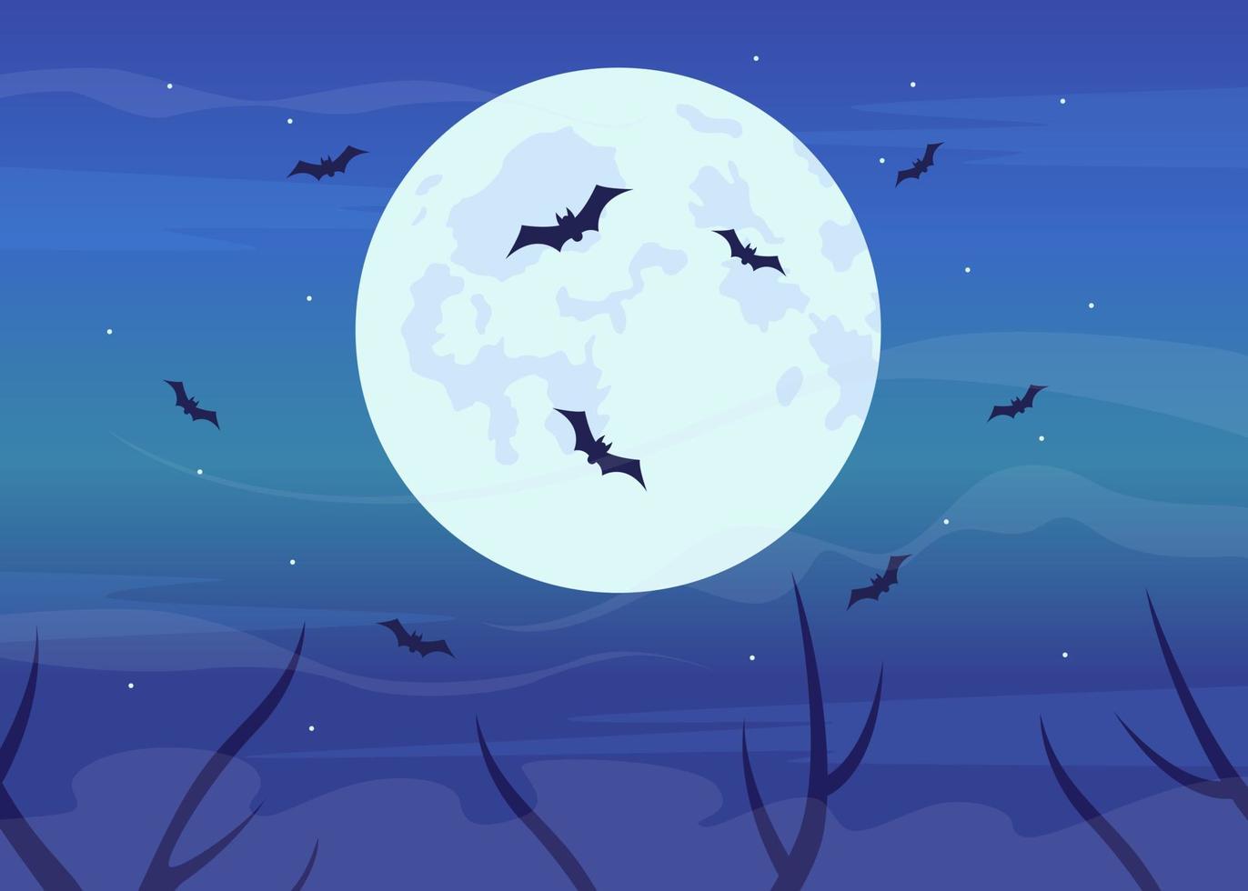 murciélagos volando en la ilustración de vector de color plano de luna llena. noche espeluznante noche de halloween. ambiente ominoso y místico. objetos de dibujos animados simples 2d totalmente editables con cielo nocturno en el fondo