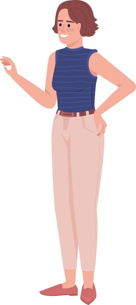 Smiling lady semi flat color vector character. Editable figure. Full body person on white. Casual outfit. Posing woman simple cartoon style illustration for web graphic design and animation