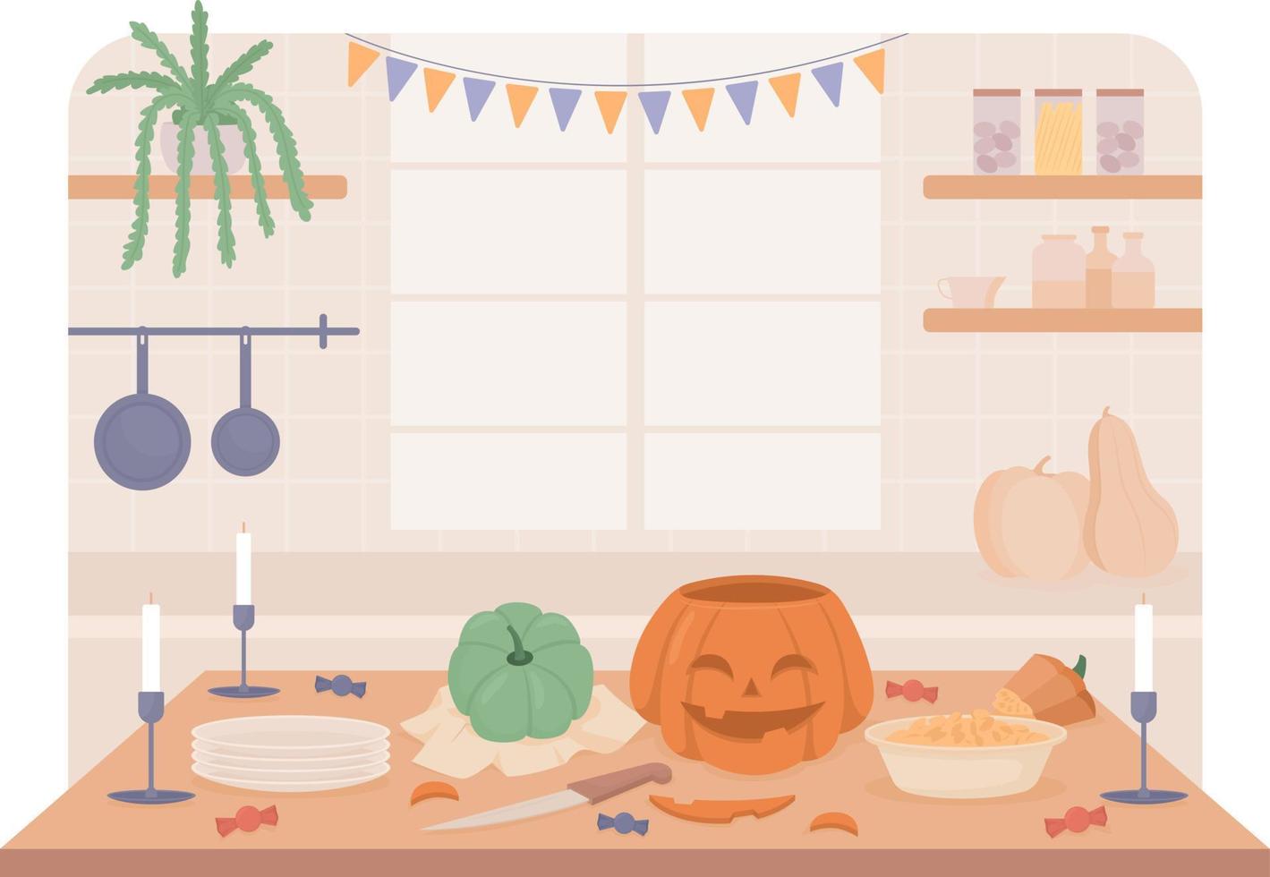 Halloween preparation at home 2D vector isolated illustration. Kitchen flat objects on cartoon background. Carving pumpkins colourful editable scene for mobile, website, presentation