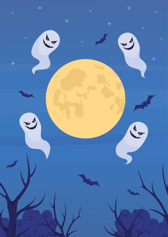 luna y espíritus flotantes ilustración de vector de color plano. Noche de Halloween. fantasmas malvados en busca de víctimas. personajes de dibujos animados simples 2d completamente editables con cielo nocturno en el fondo