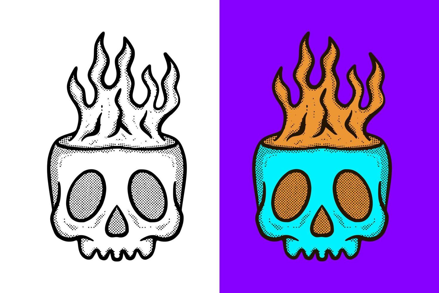 ilustración cráneo fuego dibujado a mano dibujos animados estilo vintage vector