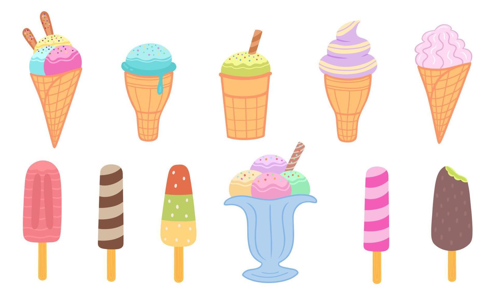 Ice cream collection, set. Illustration for printing, backgrounds, covers, packaging, greeting cards, posters, stickers, textile and seasonal design. Isolated on white background. vector