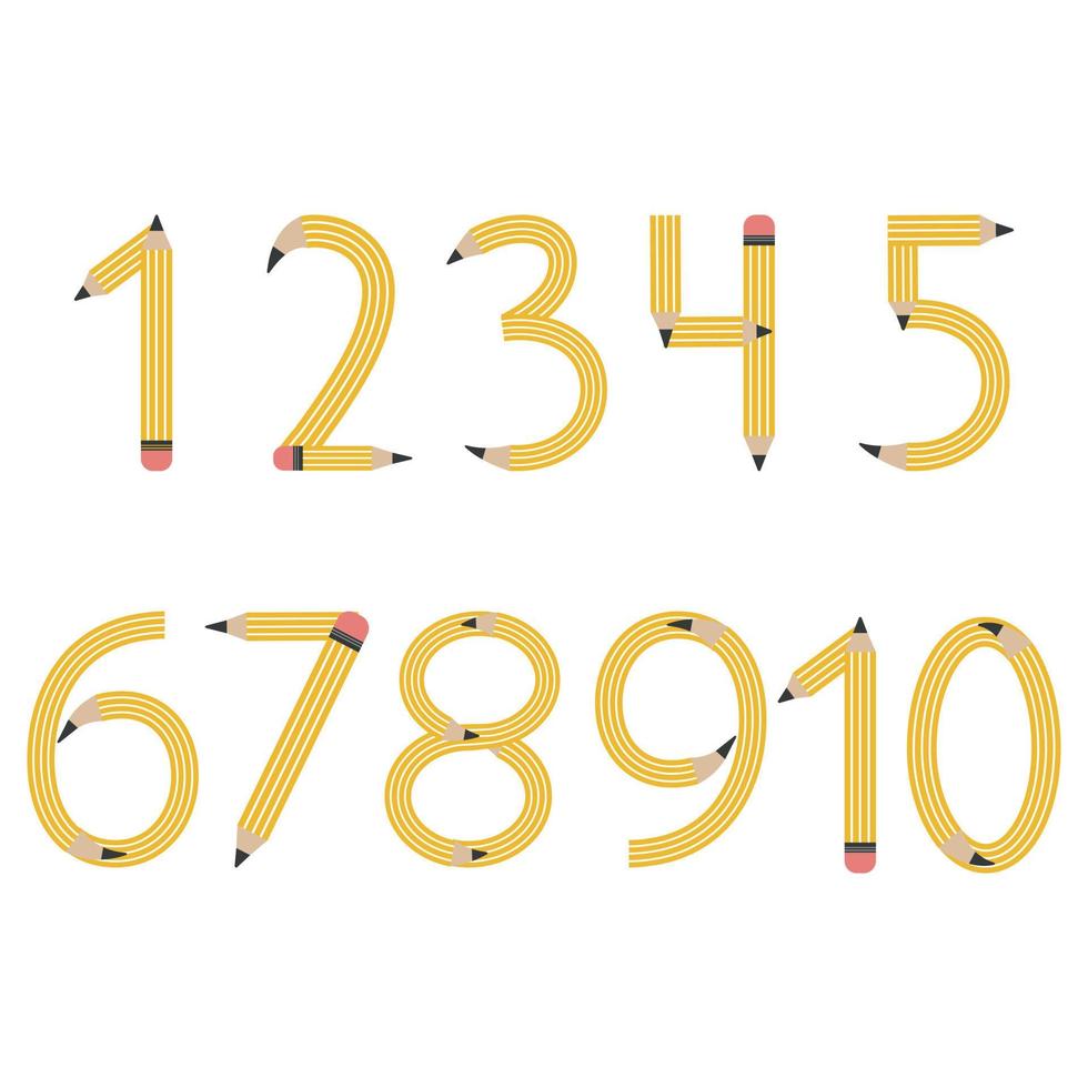 Numbers from yellow simple pencils, vector illustration isolated on a white background