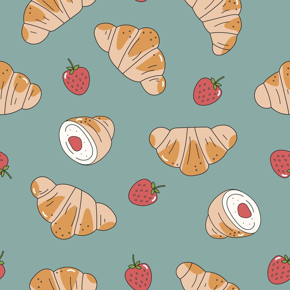 croissant con fresas, vector de patrones sin fisuras en estilo retro