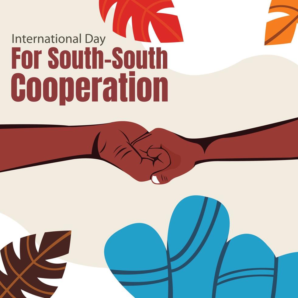 illustration vector graphic of two black hands holding each other, showing leaves background, perfect for international day, south south cooperation, celebrate, greeting card, etc.