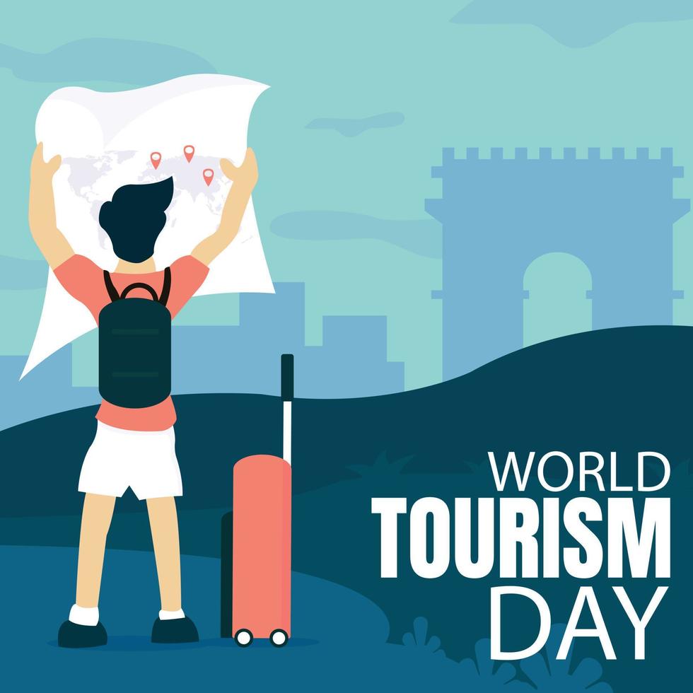 illustration vector graphic of a tourist holding a location map, showing a mountain valley and a city, perfect for world tourism day, celebrate, greeting card, etc.
