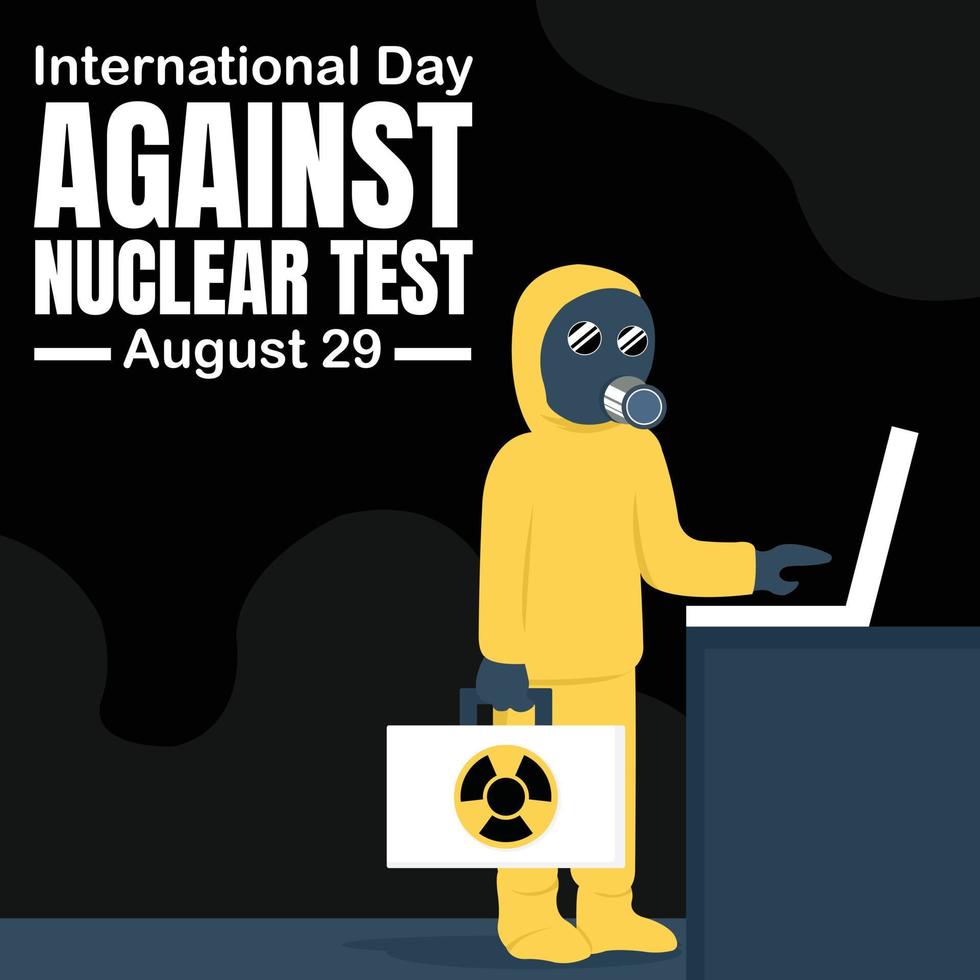 illustration vector graphic of person wearing protective suit carrying suitcase with nuclear symbol, showing laptop on desk, perfect for international day against nuclear test, celebrate, greeting.