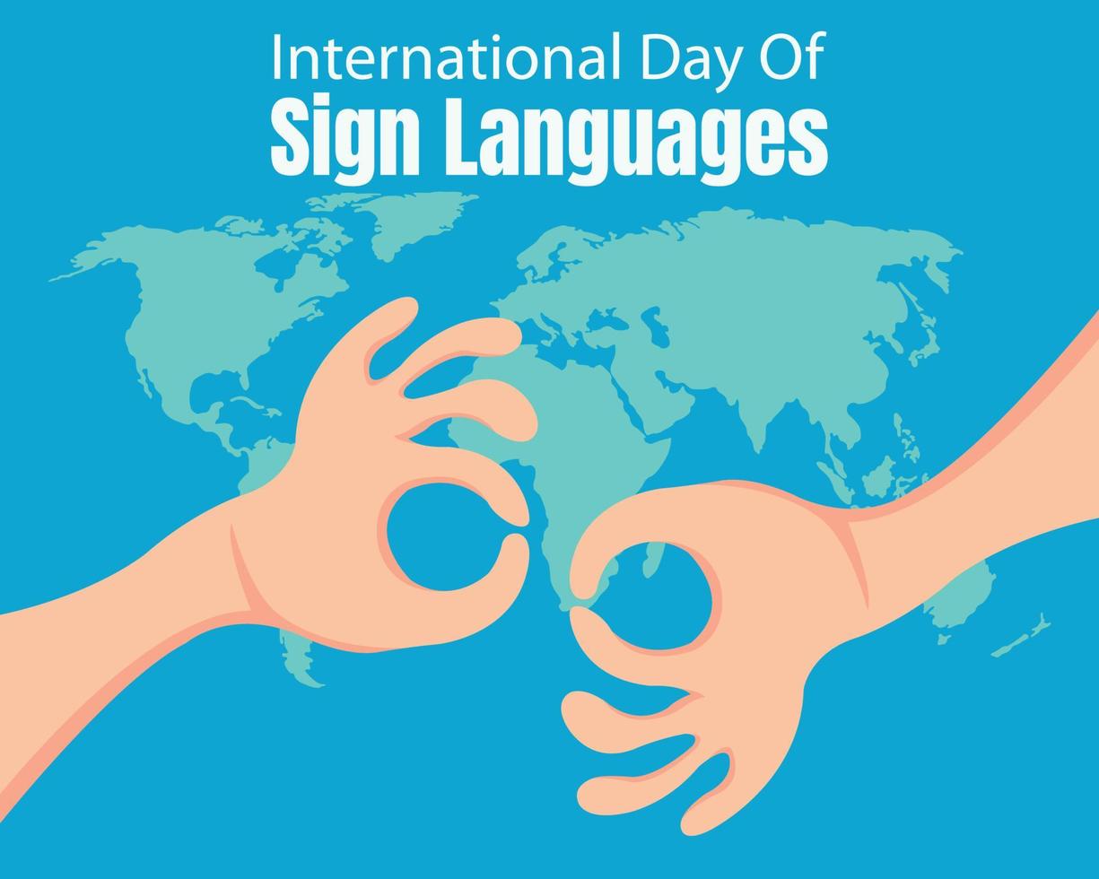 illustration vector graphic of a pair of hands demonstrating sign language, showing world map background, perfect for international day of sign languages, celebrate, greeting card, etc.