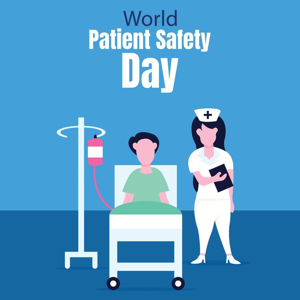 illustration vector graphic of patient lying on a hospital bed accompanied by a nurse who was standing holding a book, perfect for international day, world patient safety day, celebrate, greeting card