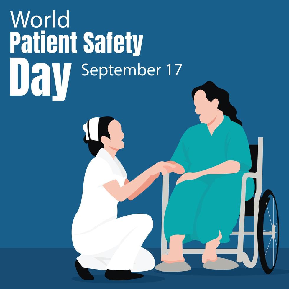 illustration vector graphic of a nurse is squatting in front of a wheelchair patient, perfect for international day, world patient safety day, celebrate, greeting card, medical, etc.