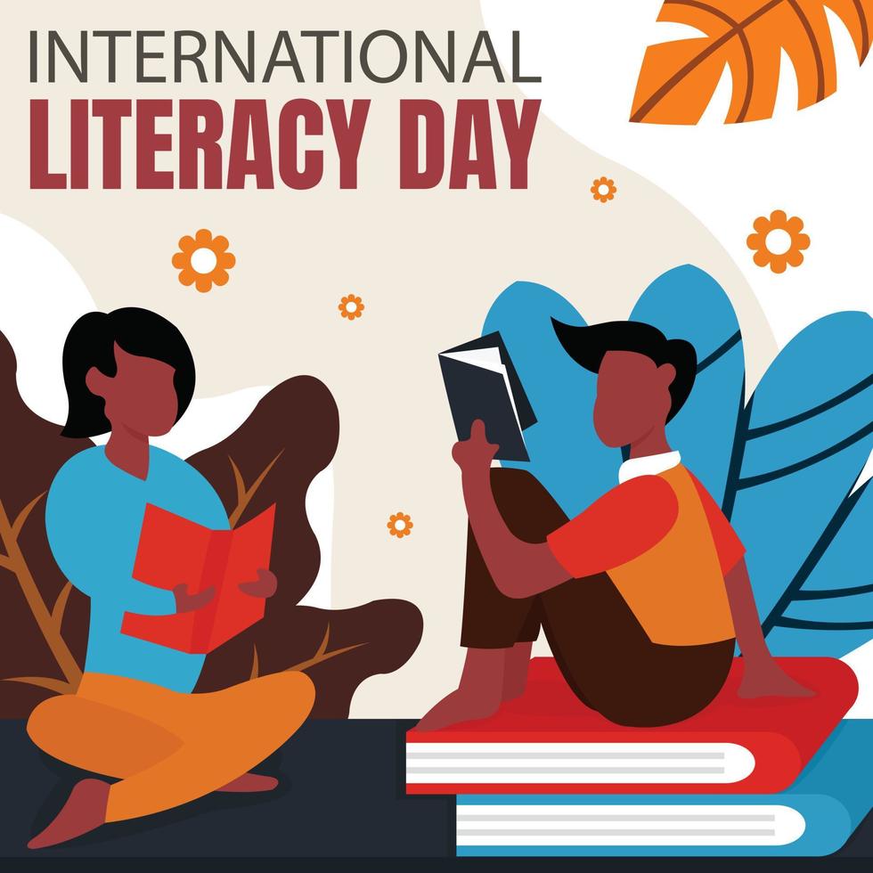 illustration vector graphic of a young couple is reading a book on a large book, showing a plant background, perfect for international literacy day, study, celebrate, greeting card, etc.