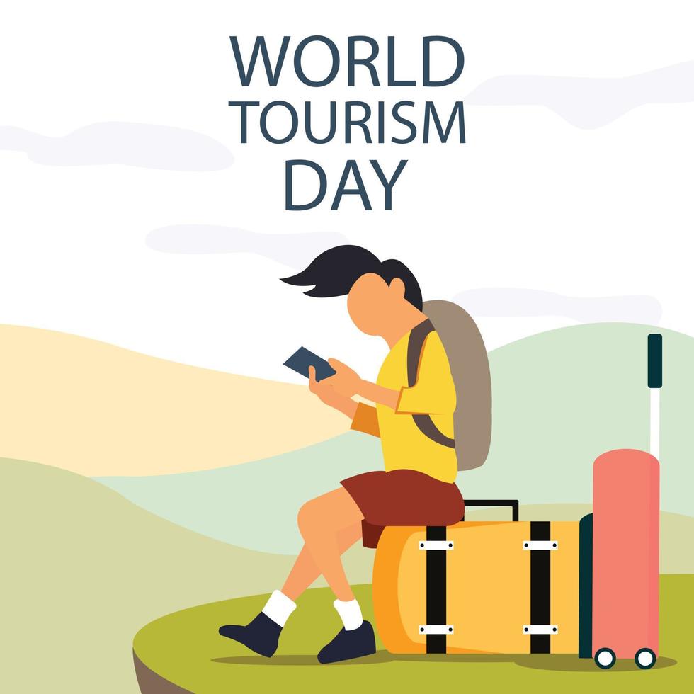 illustration vector graphic of a tourist is sitting on a suitcase and holding a smartphone, showing mountains in the background, perfect for world tourism day,  celebrate, greeting card, etc.