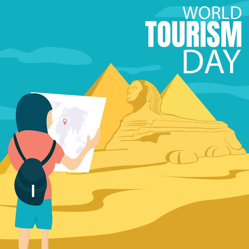 illustration vector graphic of man holding world map in egypt tourist destination, showing sphinx statue and pyramid in desert, perfect for world tourism day, celebrate, greeting card, etc.