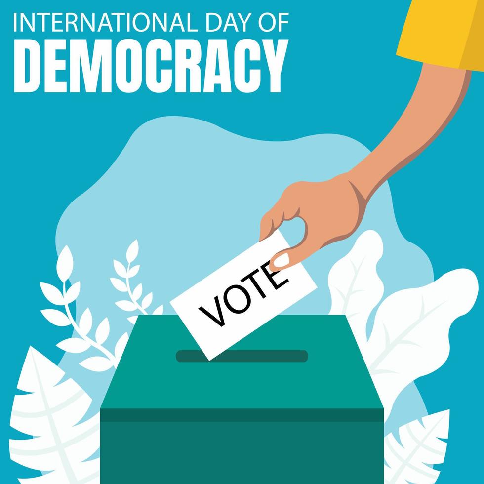 illustration vector graphic of people's hands are inserting voting cards into boxes, showing blue background and plants, perfect for international day of democracy, celebrate, greeting card, political