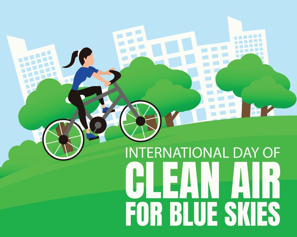 ilustración gráfica vectorial de una mujer en bicicleta en un parque de la ciudad. mostrando un cielo azul claro, perfecto para el día internacional, aire limpio para cielos azules, celebración, tarjeta de felicitación, etc. vector