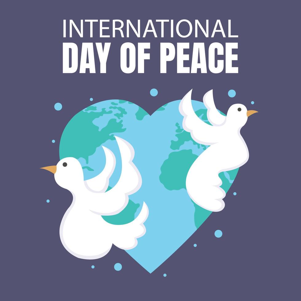 illustration vector graphic of a pair of white doves are flying flapping their wings, showing the world map in the heart symbol, perfect for international day of peace, celebrate, greeting card, etc.