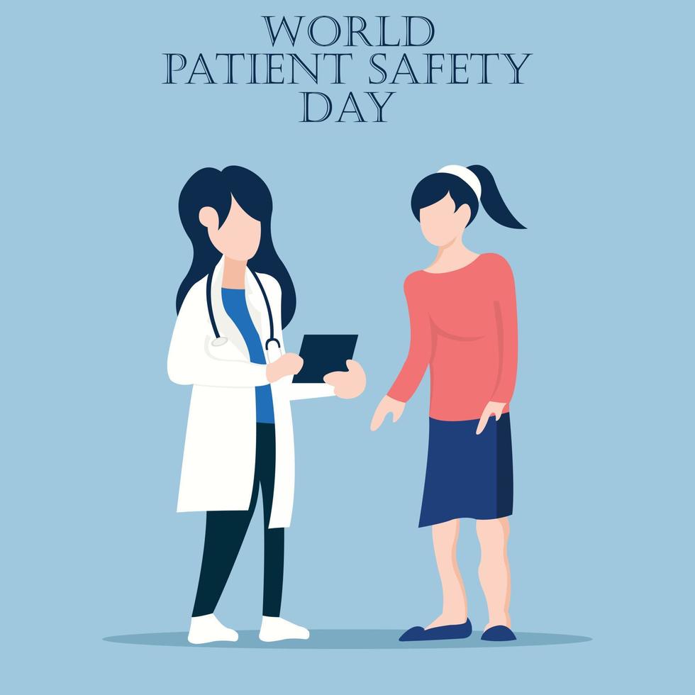 illustration vector graphic of a doctor holding a note in front of a patient, perfect for international day, world patient safety day, celebrate, greeting card, medical, etc.