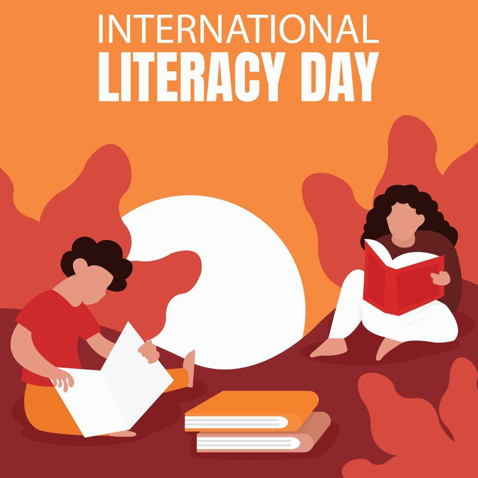 illustration vector graphic of two young men reading a book in the garden, displaying a pile of books, perfect for international literacy day, study, celebrate, greeting card, etc.