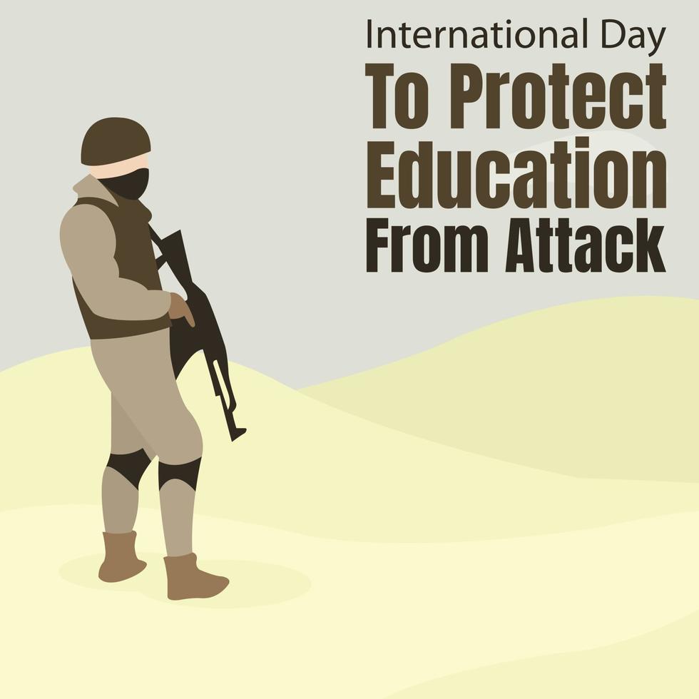 illustration vector graphic of a soldier holding a rifle on the battlefield, perfect for international day, protect education from attack, celebrate, greeting card, etc.