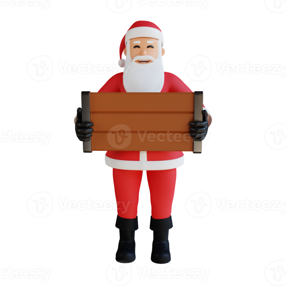 de kerstman claus mascotte 3d karakter illustratie Holding een houten bord png