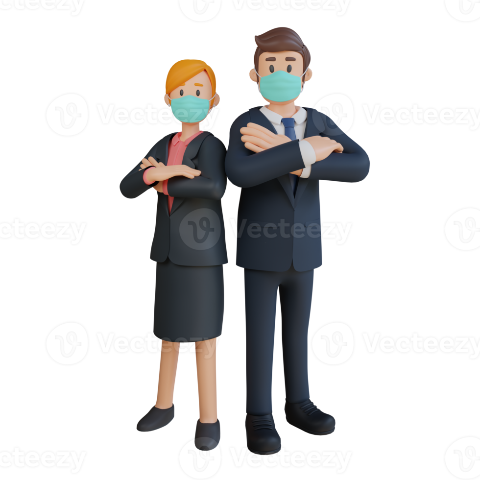 Business man and woman standing side by side character wearing mask 3d character illustration png