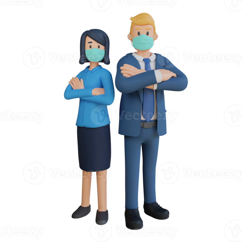 Business man and woman standing side by side character wearing mask 3d character illustration png