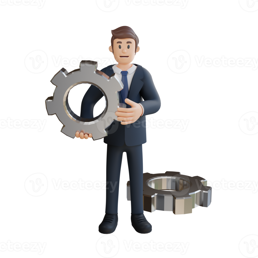 Businessman holding a gear character 3d character illustration png