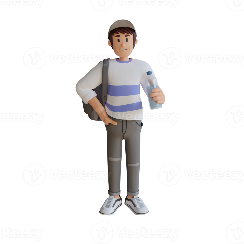 Boy back to school mascot 3d character illustration bring a bottle of drink png