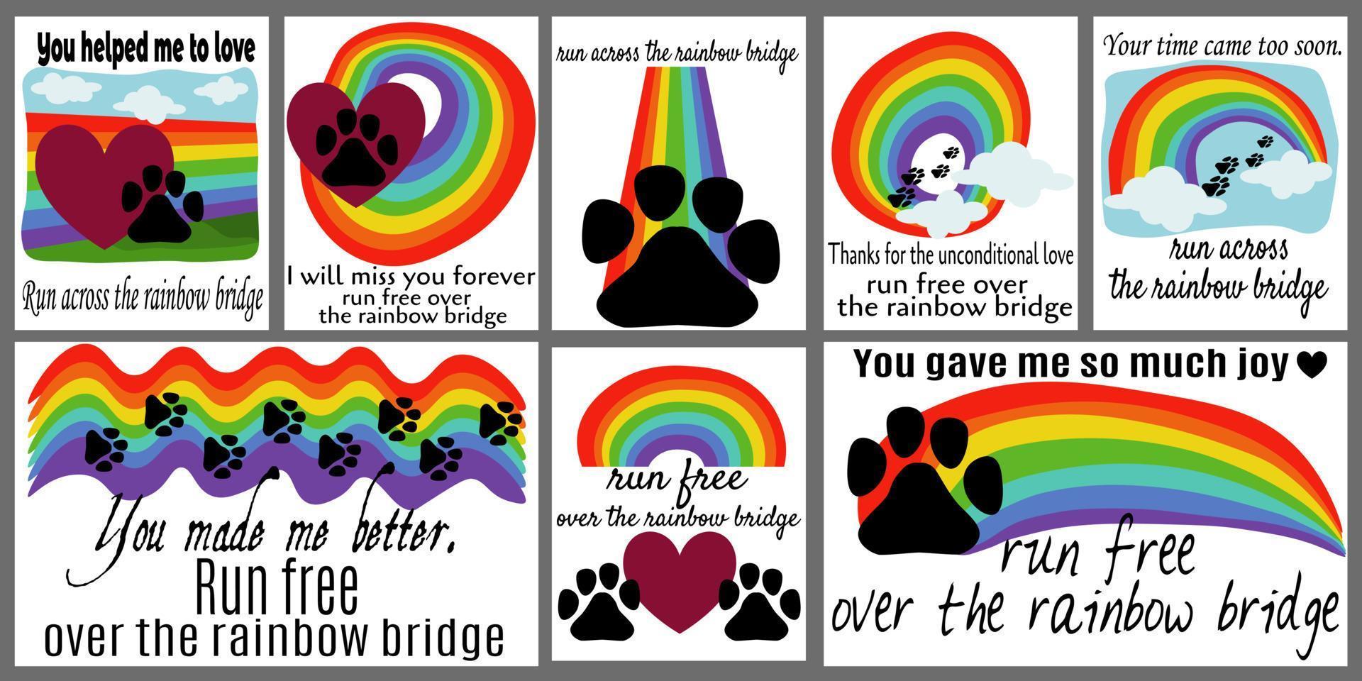 Pets loss card set, run across the rainbow bridge for design vector