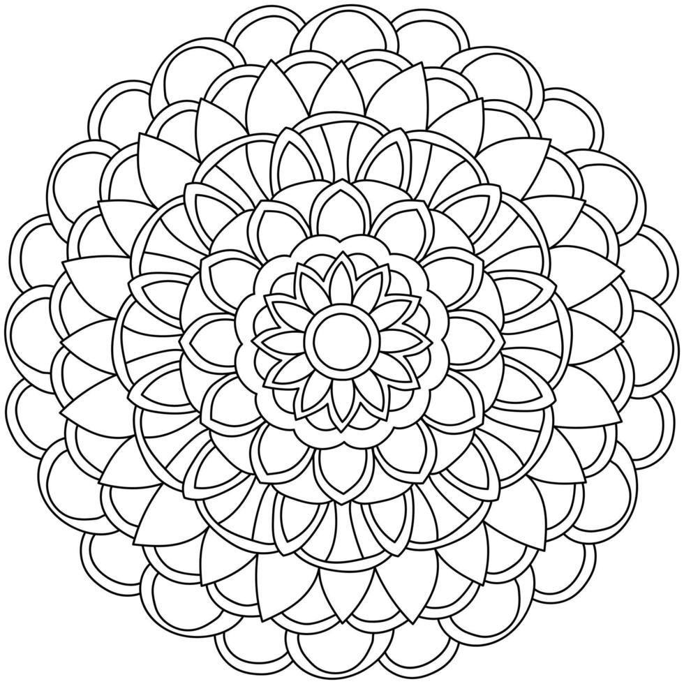 Mandala with many rounded and triangular petals, meditative coloring page from simple elements vector